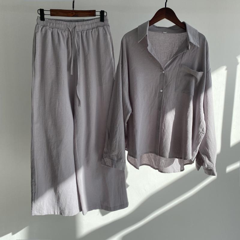 Damen zweiteiliger Anzug Retro Plus Size Baumwolle Leinen Hemd Anzug Hohe Taille Lose Hosen für Frauen XL grau