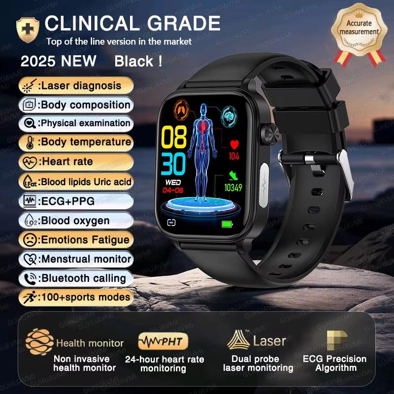 2025 Neue EKG+PPG KI Gesundheitsdiagnose Smartwatch Herren Damen Uhr Blutfett BD Harnsäure Herzfrequenz Tracker Black silicone belt