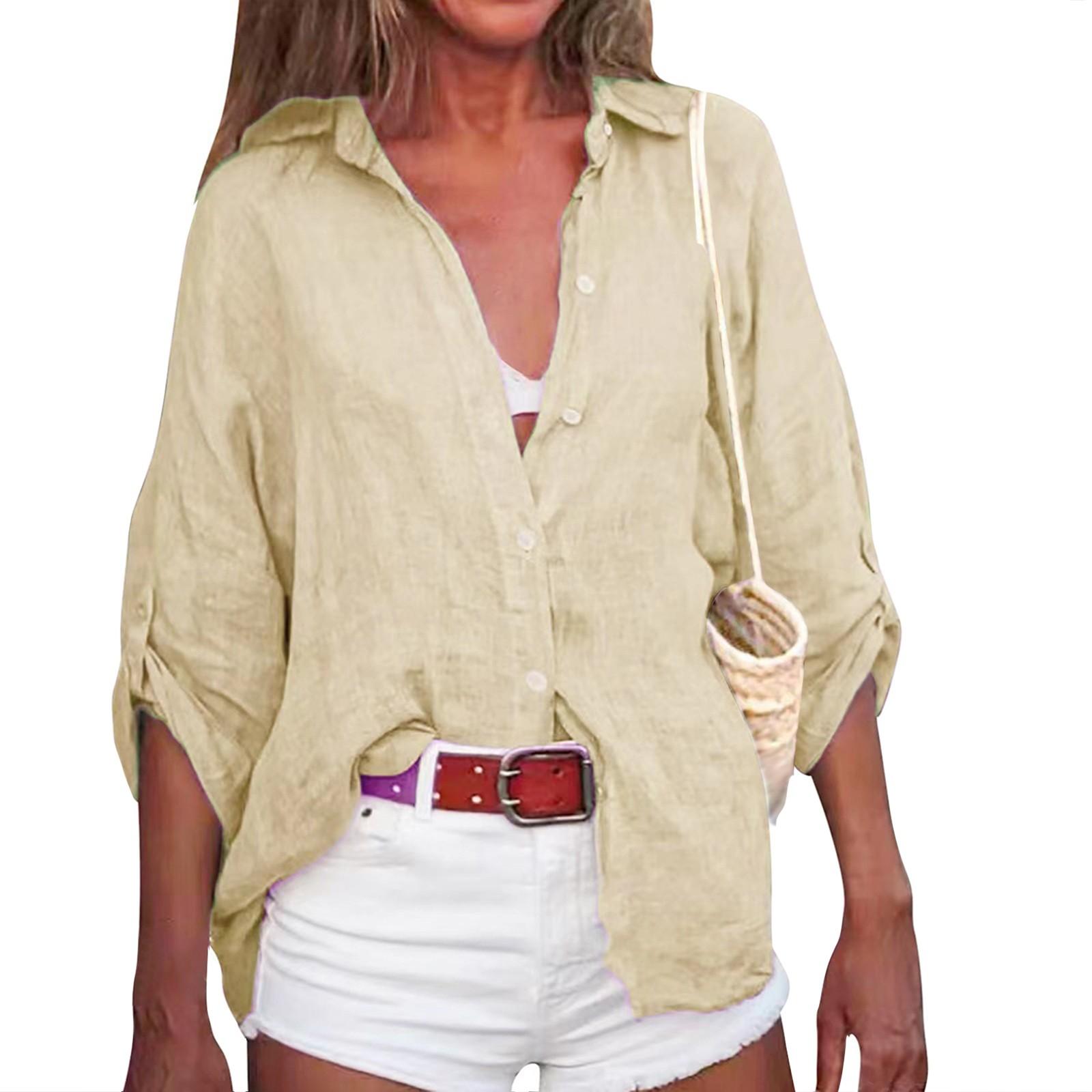 Damen-Sommer-Hemd aus Baumwolle und Leinen, einfarbig, Sieben-Punkt-Ärmel, V-Ausschnitt, lockeres Hemd XXL khaki