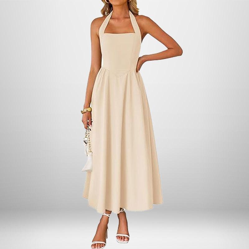 Sommer Neues Damen langes Kleid Elegant Einfarbig Quadratischer Ausschnitt Ärmellos Taille Hängender Hals Rückenfrei Langes Abendkleid XL apricot