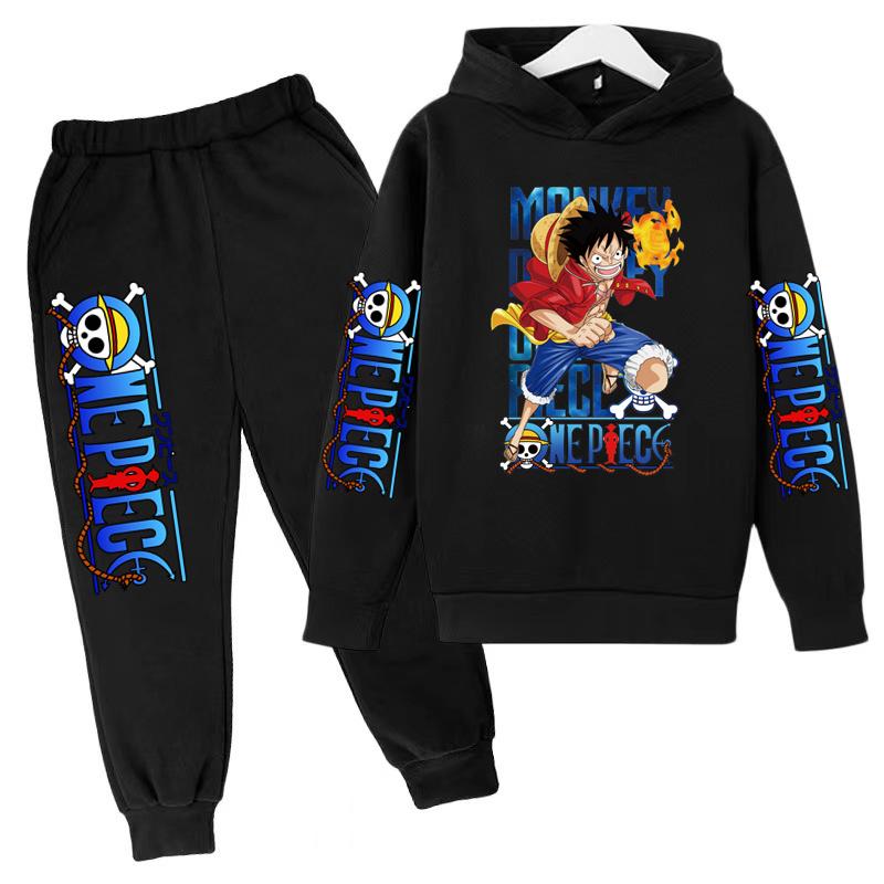 Kinderkleidung Jungen Mädchen Kleinkind Hoodie Piratenkönig Charming Luffy Sweatshirt 3-12 Jahre Top + Hose 2P Süßes Casual Sport Jogging Set 140 black