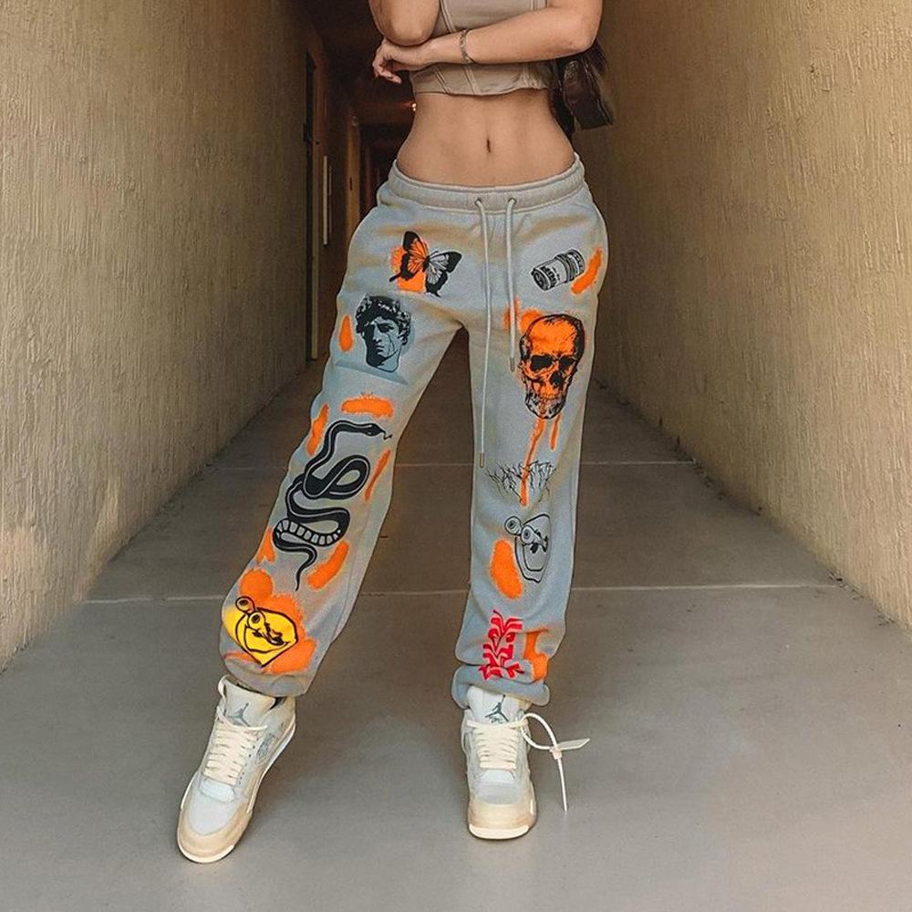InstaHot Frauen Sweat Hose Harajuku Cartoon Gedruckt Hosen Jogger 2021 Kordelzug Cargo Pant Streetwear Casual Sweatpant Herbst XXL grau