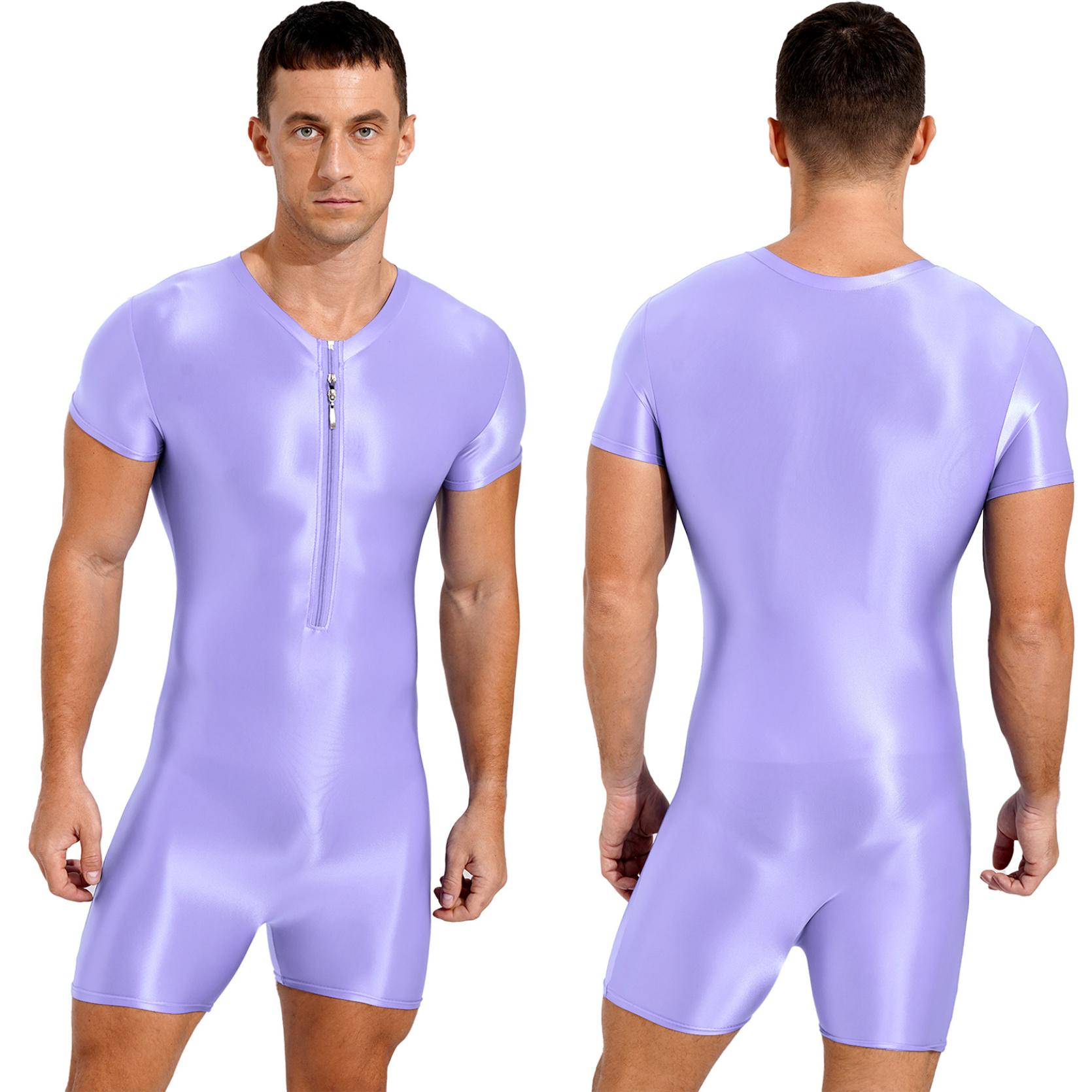 Herren-Badeanzug, kurzärmelig, Reißverschluss, Overall, glänzend, dehnbar, Rundhalsausschnitt, Sport-Fitness-Badeanzug M licht lila