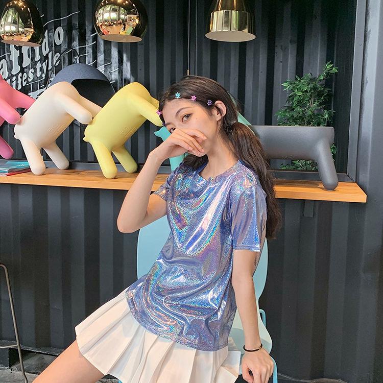 Lose glitzernde stilvolle helle Sommer-Frauen Korea Lady Shining T-Shirts Basic Tees Streetwear Tops 5XL blau