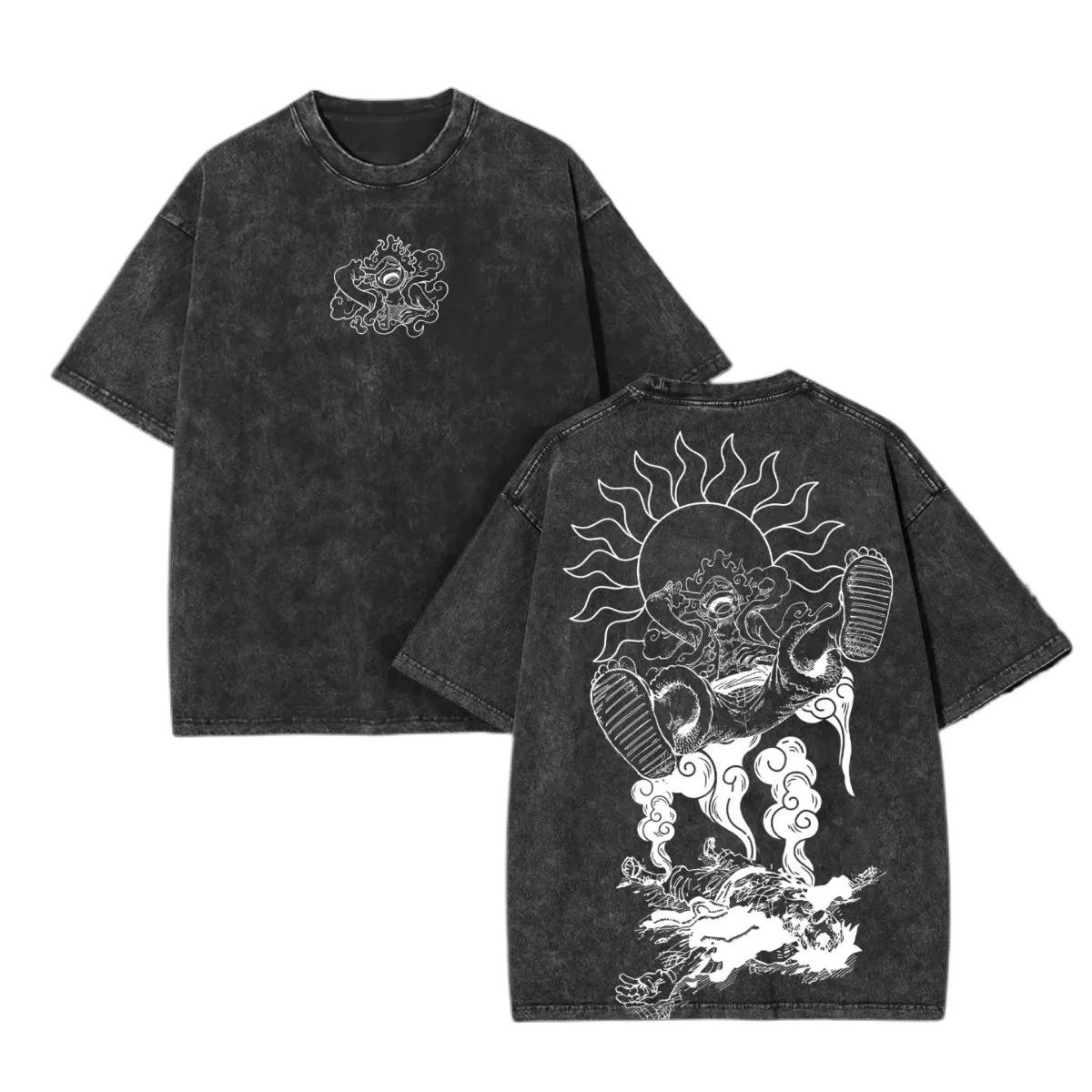 Luffy Gear 5 Sonnengott Nika One Piece Vintage Gewaschen Grafik Oversized Streetwear One Piece Anime Manga Fan Merch T-Shirt Oberteil für OP Fans Anime XL