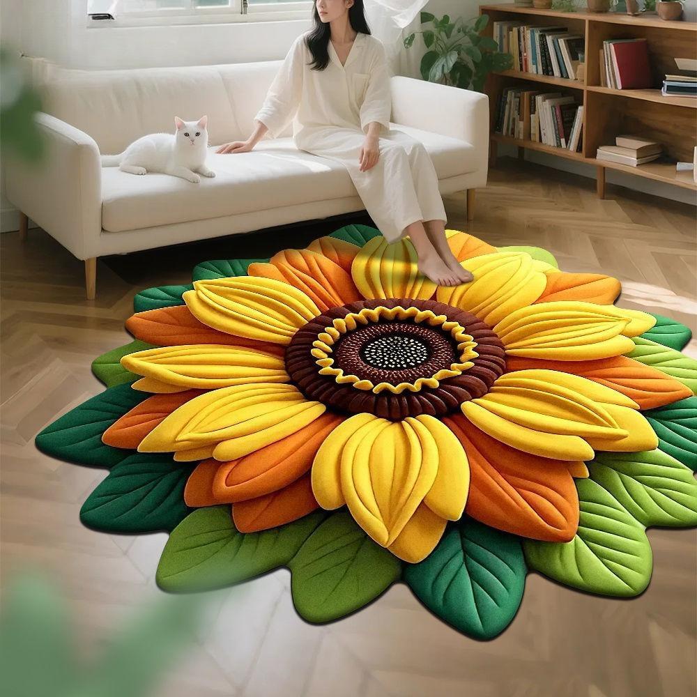 Wohnzimmer 3D Bodenmatte Blumenteppich Rund Home Pfingstrose Blütenblatt geformt Wohnzimmer Nachttischmatte 120*120cm