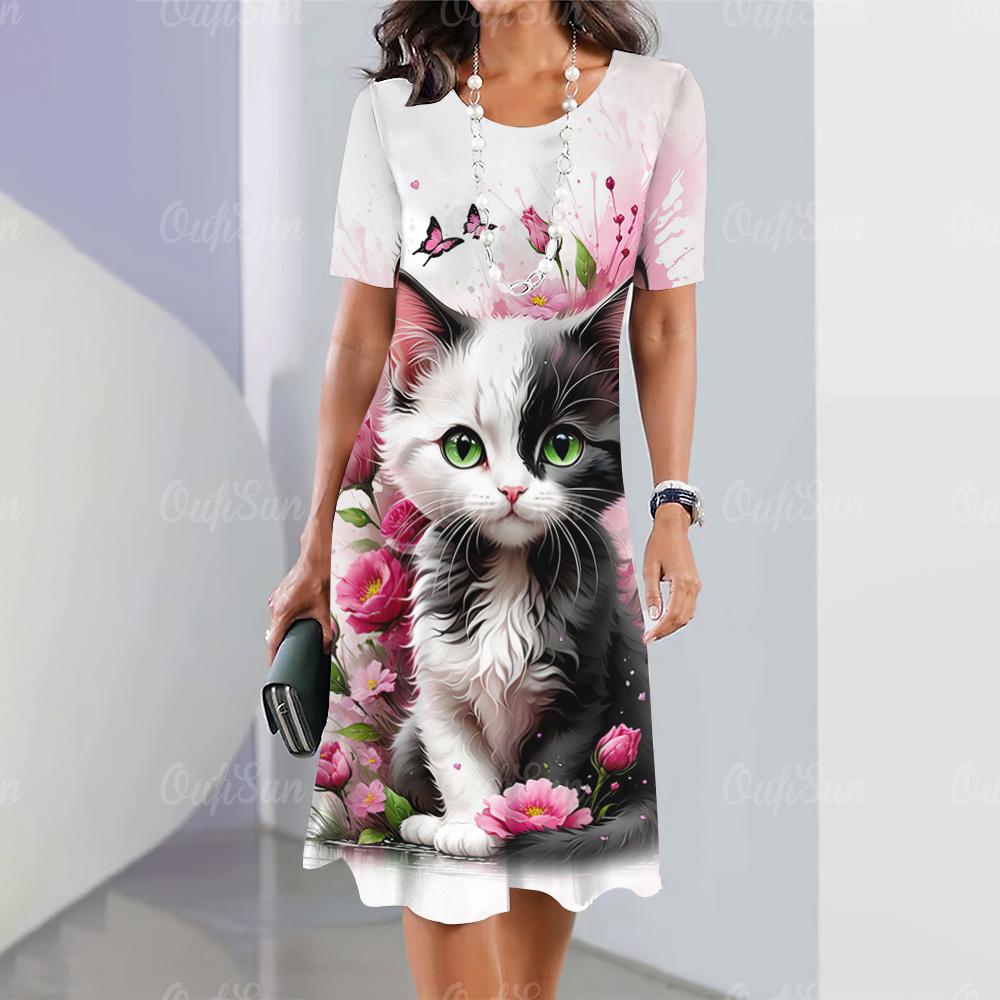 Neue Damenkleider mit Cartoon-Katzen-Aufdruck, Sommerurlaub, elegantes Kleid, kurzärmelige Kleider für Damen, modische übergroße Kleidung XS