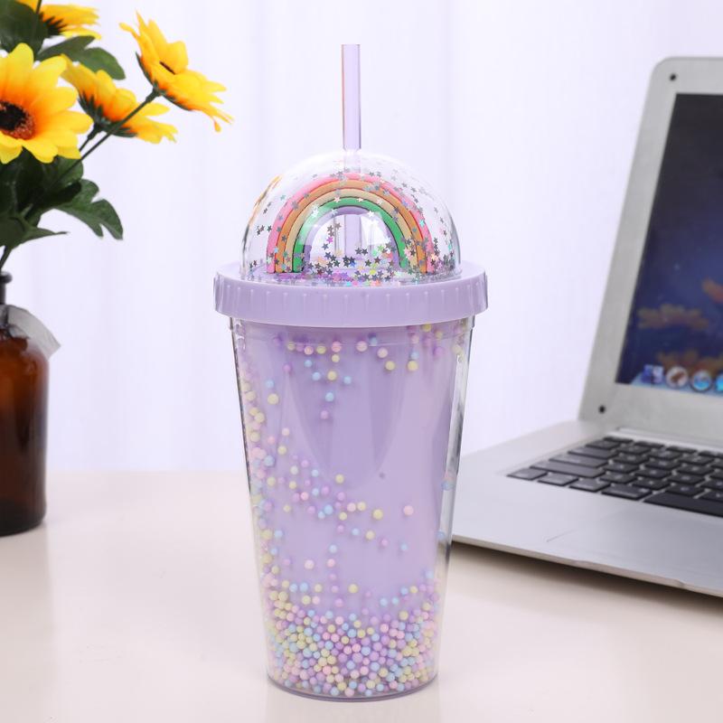 Kreative Regenbogen Kunststoff Wasser Tasse Modische Große-kapazität Damen Stroh Tasse Sen Serie Doppel Farbe Perle Glatte Trinken Tasse