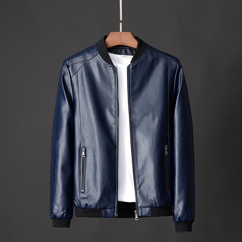 Frühling und Herbst neue Herren-Pu-Lederjacken, tägliche Freizeit-Motorradjacken, Herren-Lederjacken 2XL blau