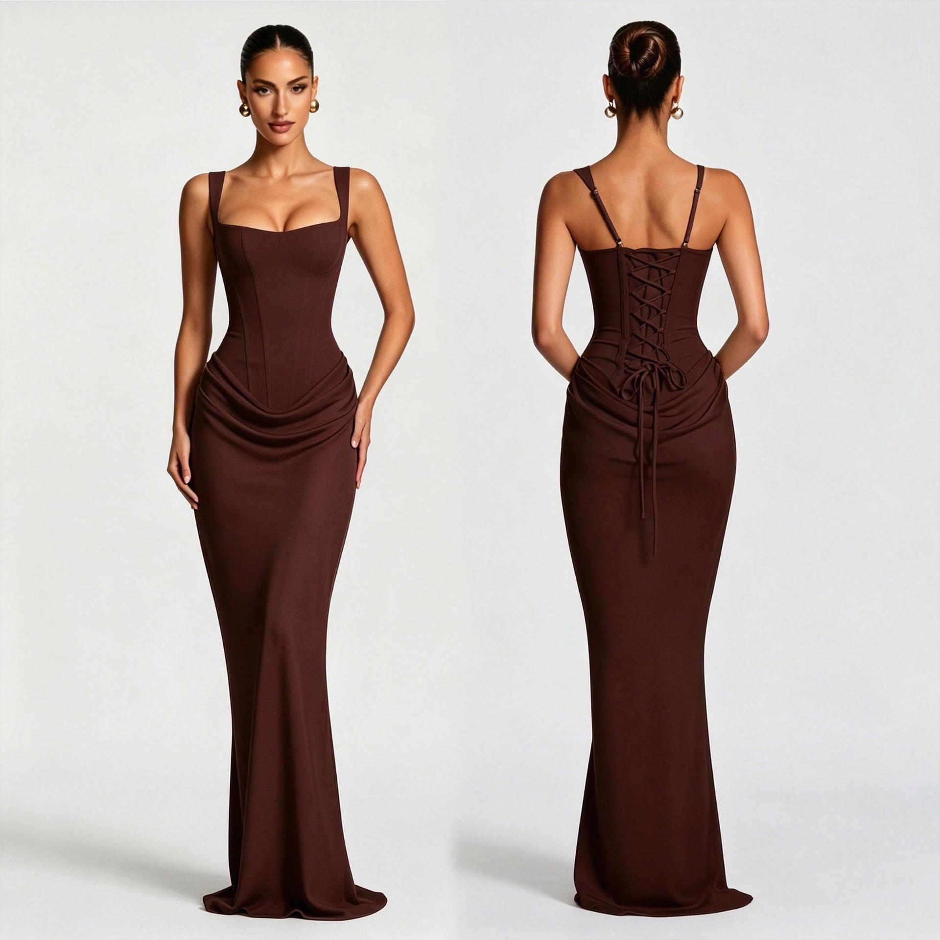 Damen Figurbetontes Fishtail Kleid Verstellbare Träger Leichter Luxus Abend Hochzeitsfeier Kleid Kleid M braun