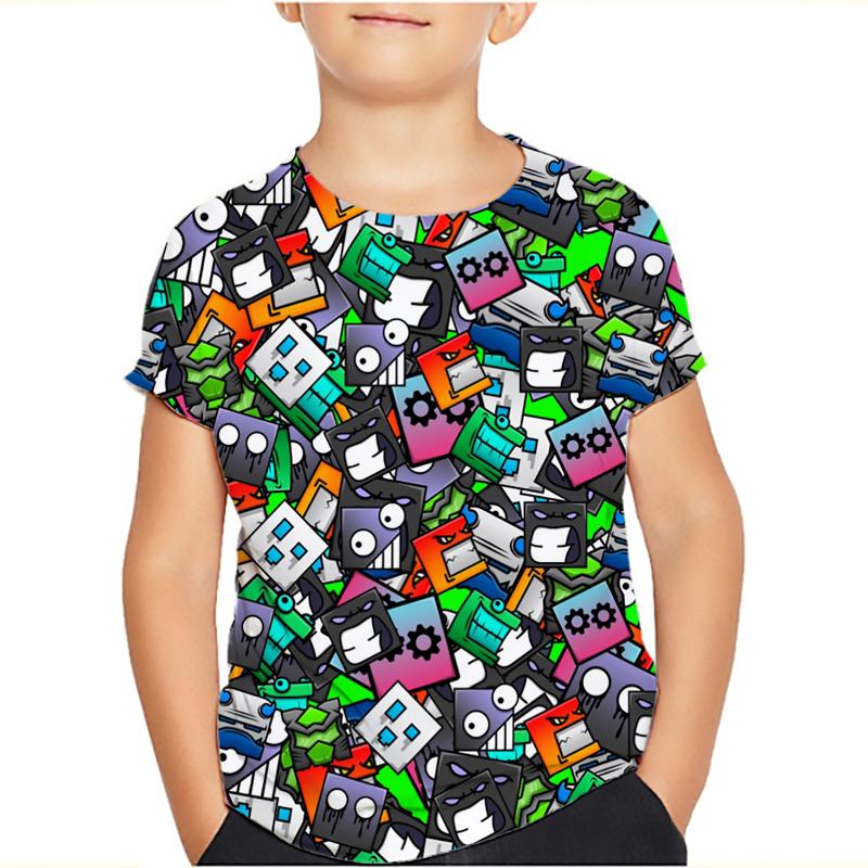 Angry Geometry Dash T-Shirt Tops für Kinderkleidung Sommer Casual Kinder T-Shirts Mädchen Jungen Kinder Cartoon T-Shirts 140 grau