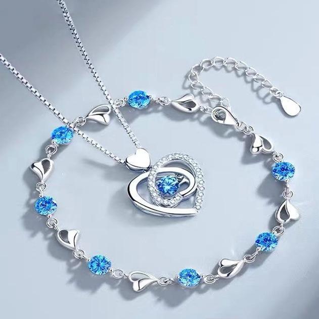 925 Sterling Silber Herzförmige Halskette Armband Set für Frauen Vintage Koreanische Blau Kristall Armbänder Schmuck Set Party Schmuck