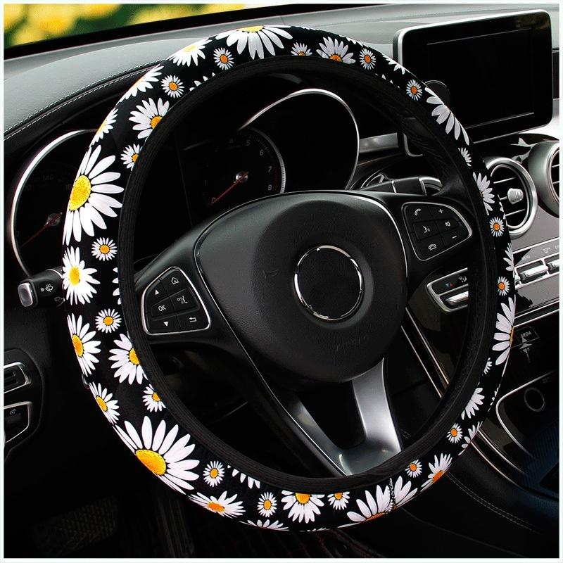 37–38 cm Gänseblümchen-Blumen-Auto-Innendekoration, gestrickte Sonnenblumen-Lenkradabdeckung, universelles Autozubehör, Radabdeckung ohne Innenring Daisy