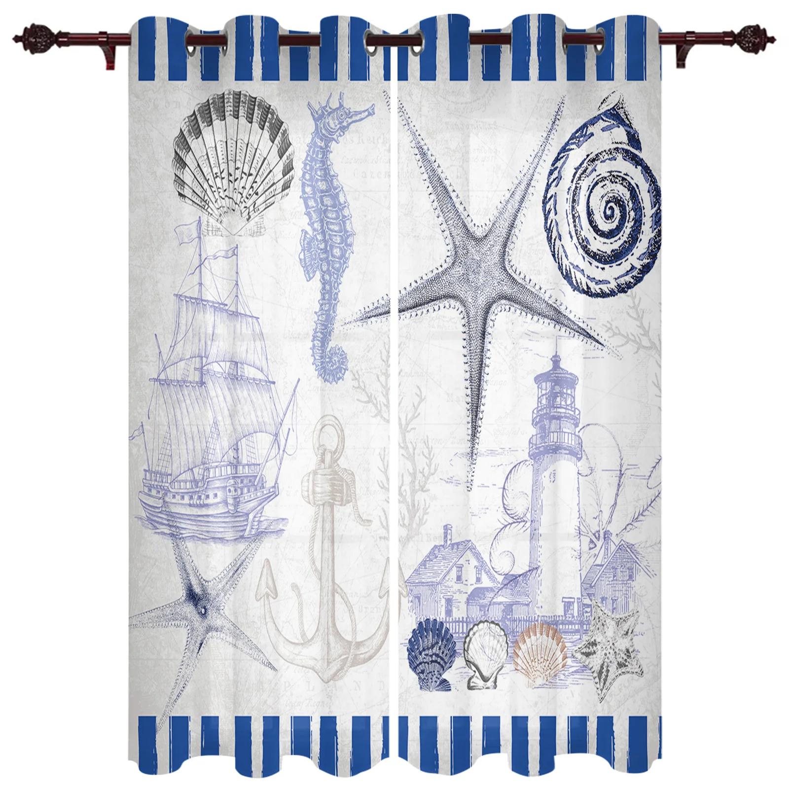 2 Stück Anker Seestern Streifen Fenster Vorhänge Schlafzimmer Küche Vorhänge Panel Home Decor Vorhänge für Wohnzimmer Boden-zu-Decke (W50H130cm)-2pcs&Rod Pocket gray