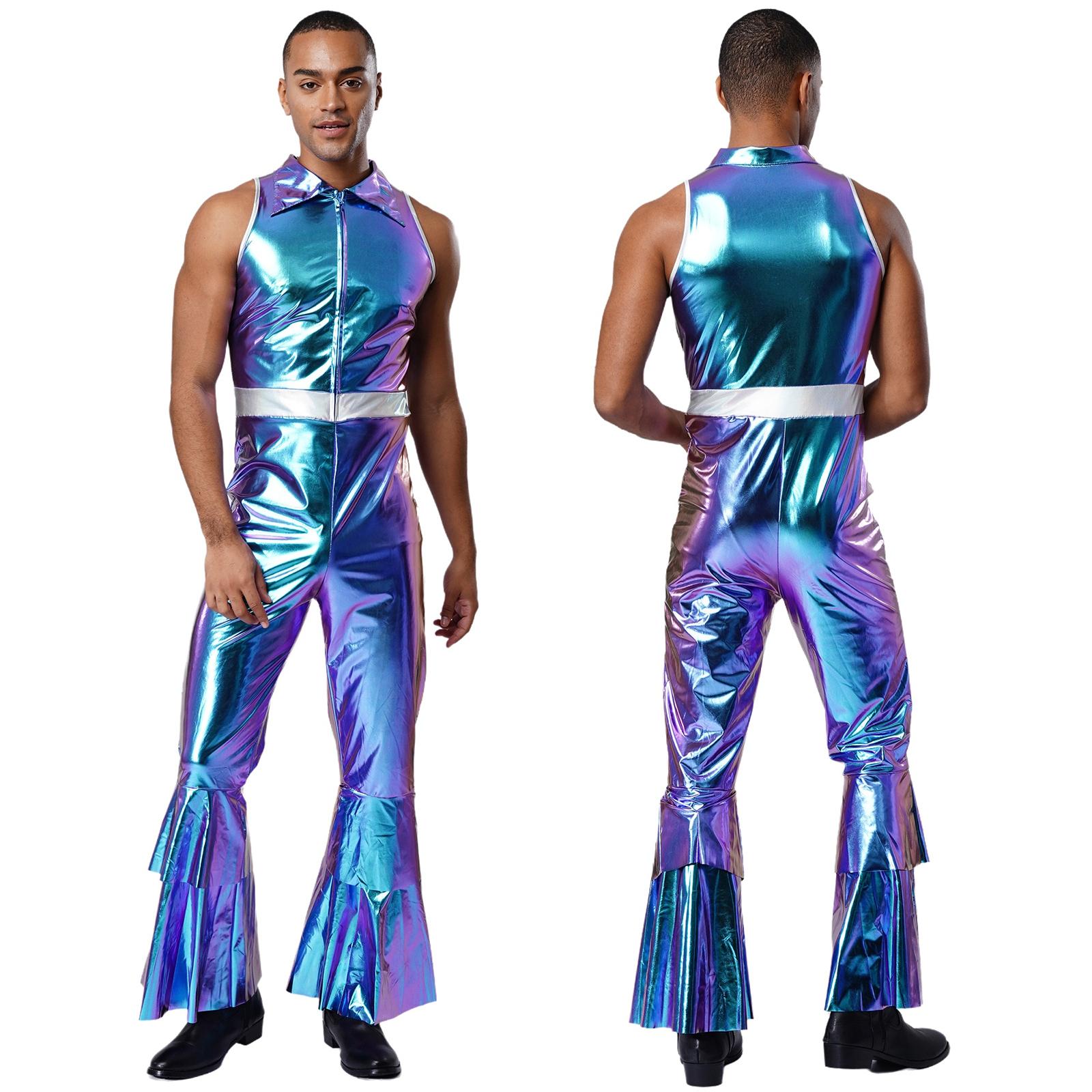 Herren 70er Jahre Disco Kostüm Reverskragen Ärmellos Hohe Taille Schlaghose Jumpsuit Tanz Sänger Kostüm XL blau