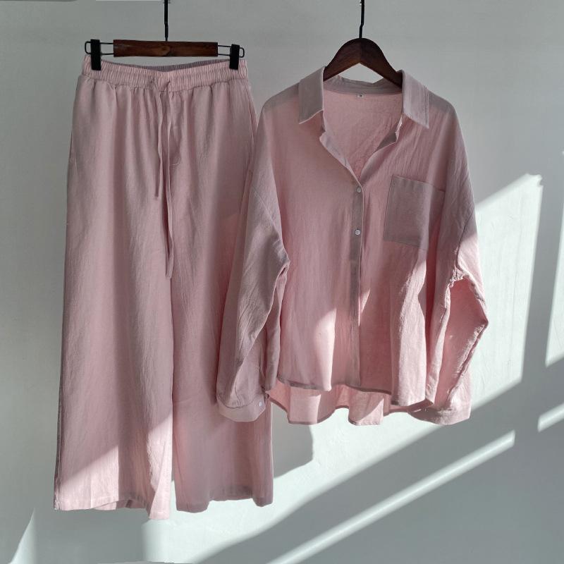 Damen zweiteiliger Anzug Retro Plus Size Baumwolle Leinen Hemd Anzug Hohe Taille Lose Hosen für Frauen L rosa