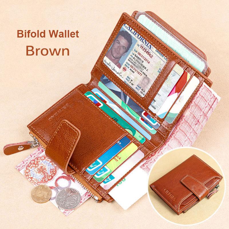 Vintage Damen-Geldbörse aus echtem Leder, RFID-blockierend, kurze Multifunktions-Geldbörse mit großer Kapazität und Reißverschluss, Geldklammer B braun