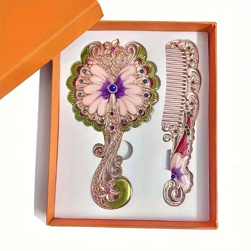 Europa Große Pfau Muster Metall Tragen Klapp Make-Up Spiegel Mit Kamm Hand Halten Kosmetik Spiegel Mit Griff Für Geschenke