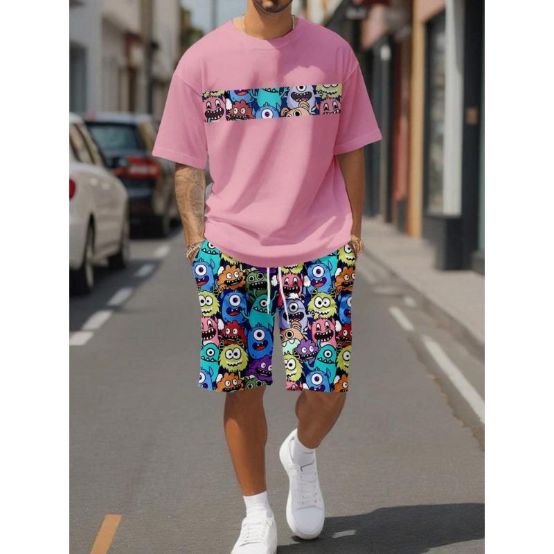 Einfacher Marmor-3D-Druck, lässiges Sommer-Oberteil und Shorts mit Rundhalsausschnitt für Herren, urbane Street-Fashion, Herrenanzug, alltäglicher, lässiger Komfort 6XL pink
