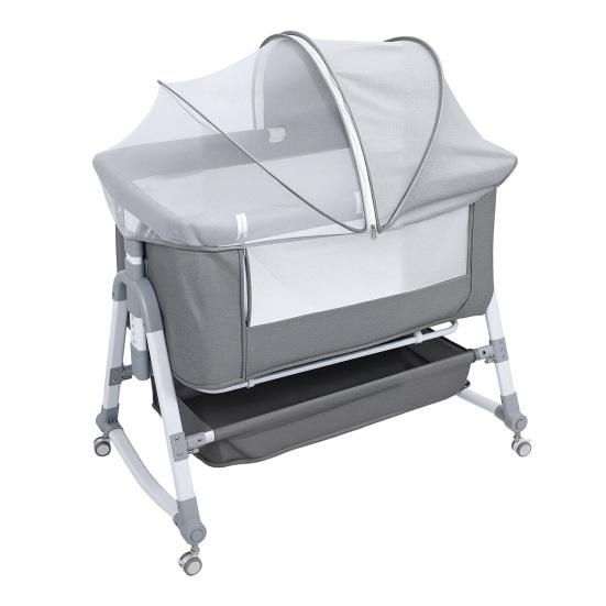 Baby-Beistellbett, 3-in-1-Wiege mit großer Wippschale, höhenverstellbares Beistellbett, bewegliches Beistellbett mit Moskitonetz grau