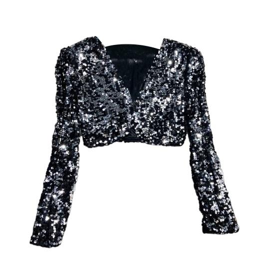 Damen Pailletten Schulterjacke Offene Vorderseite Langarm Kurz Bolero Jacken Glitzernd Party Club Ausgehen Strickjacke S schwarz