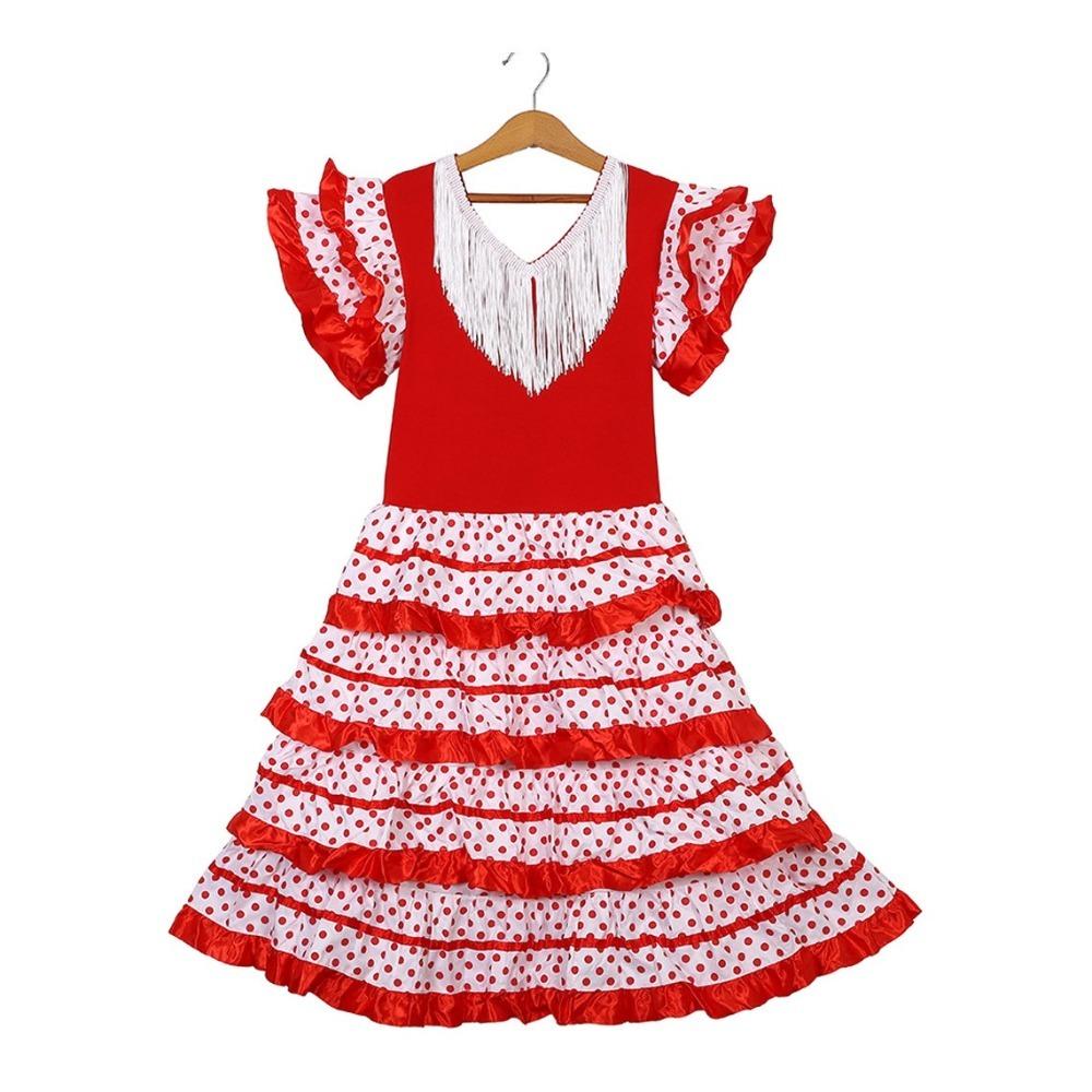 Kurzarm Kinderkleid Pünktchen Design Traditionelles Spanisches Kleid Spanischer Tanzkleid Karneval 8(8-9 Years) weiß