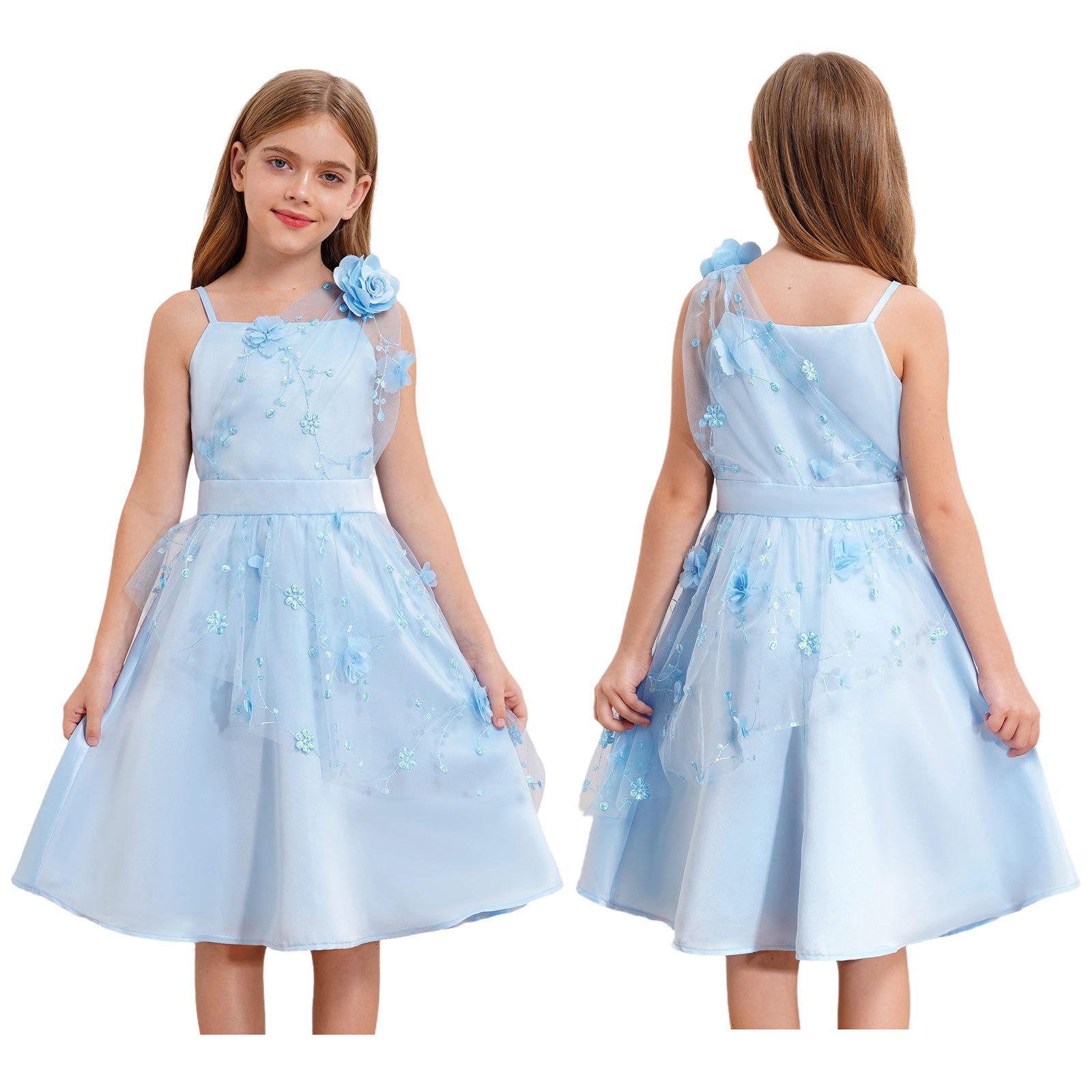 Blumenmädchen Geburtstag Tüllkleid Strass Hochzeitsparty Kinder Blaues Kleid Elegant Schick Schleife Neckholder Ärmellos Abendkleid 15-16 Years hellblaue