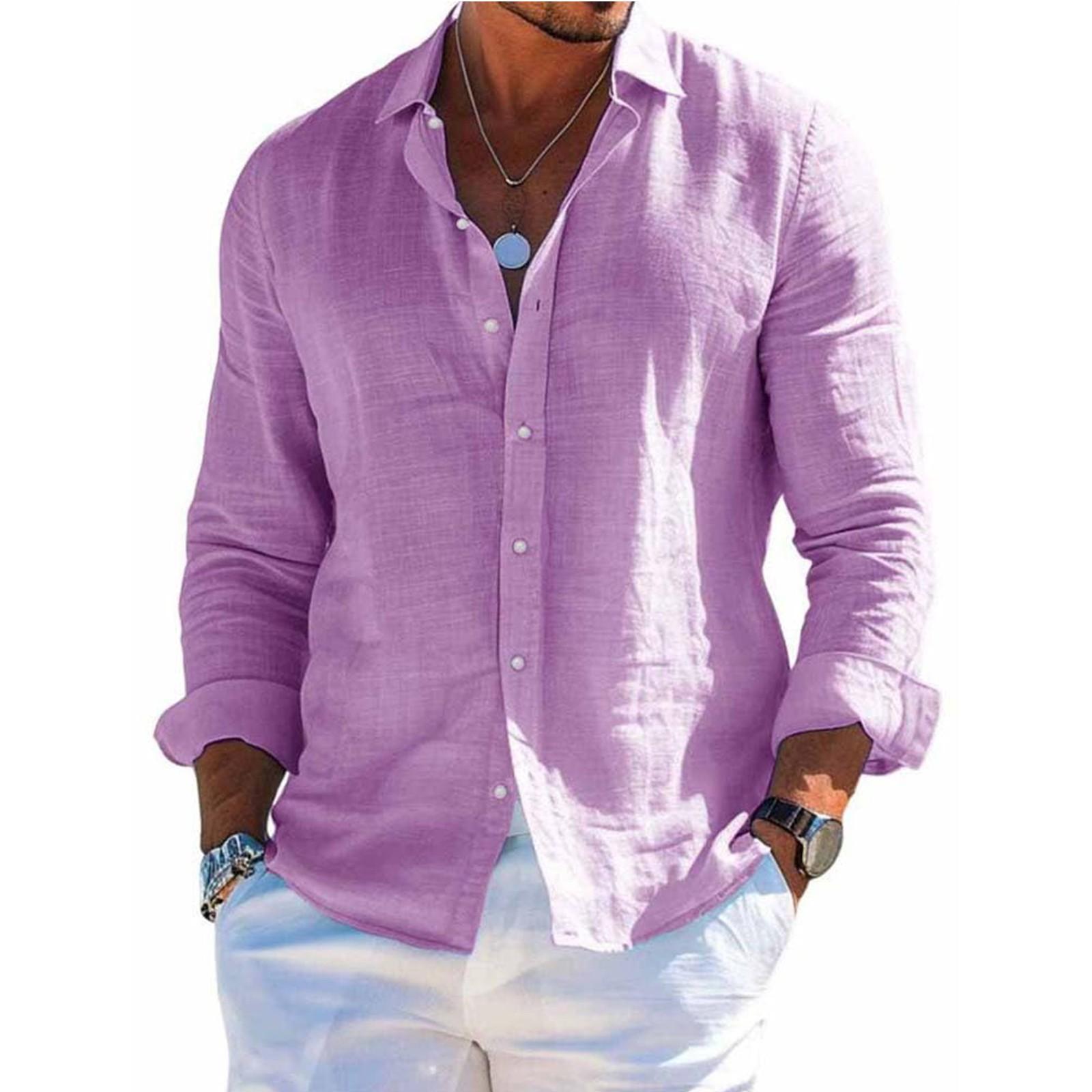 Herren Langarm Leinenhemd Kentkragen Hemd Business Casual Hemd Businesshemd Regular Fit Hemd M violett