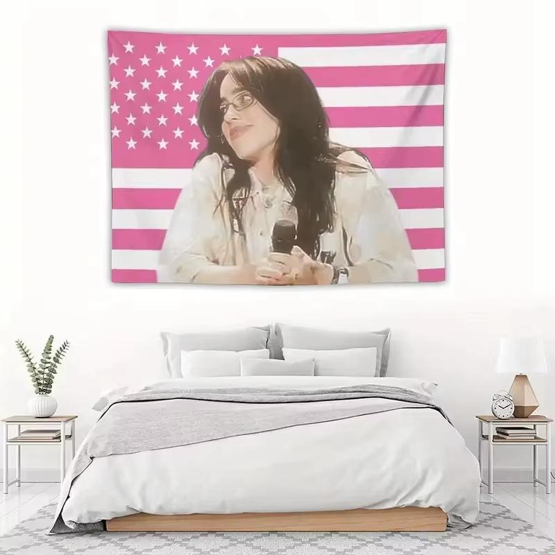 Billie Eilish Rosa Amerikanische Flagge Wandteppich Amerikanische Flagge Gamer Dekor Wandbehang für den Innenbereich Raumdekoration Wandkunst Tapisserie 74x94cm(29x37in)