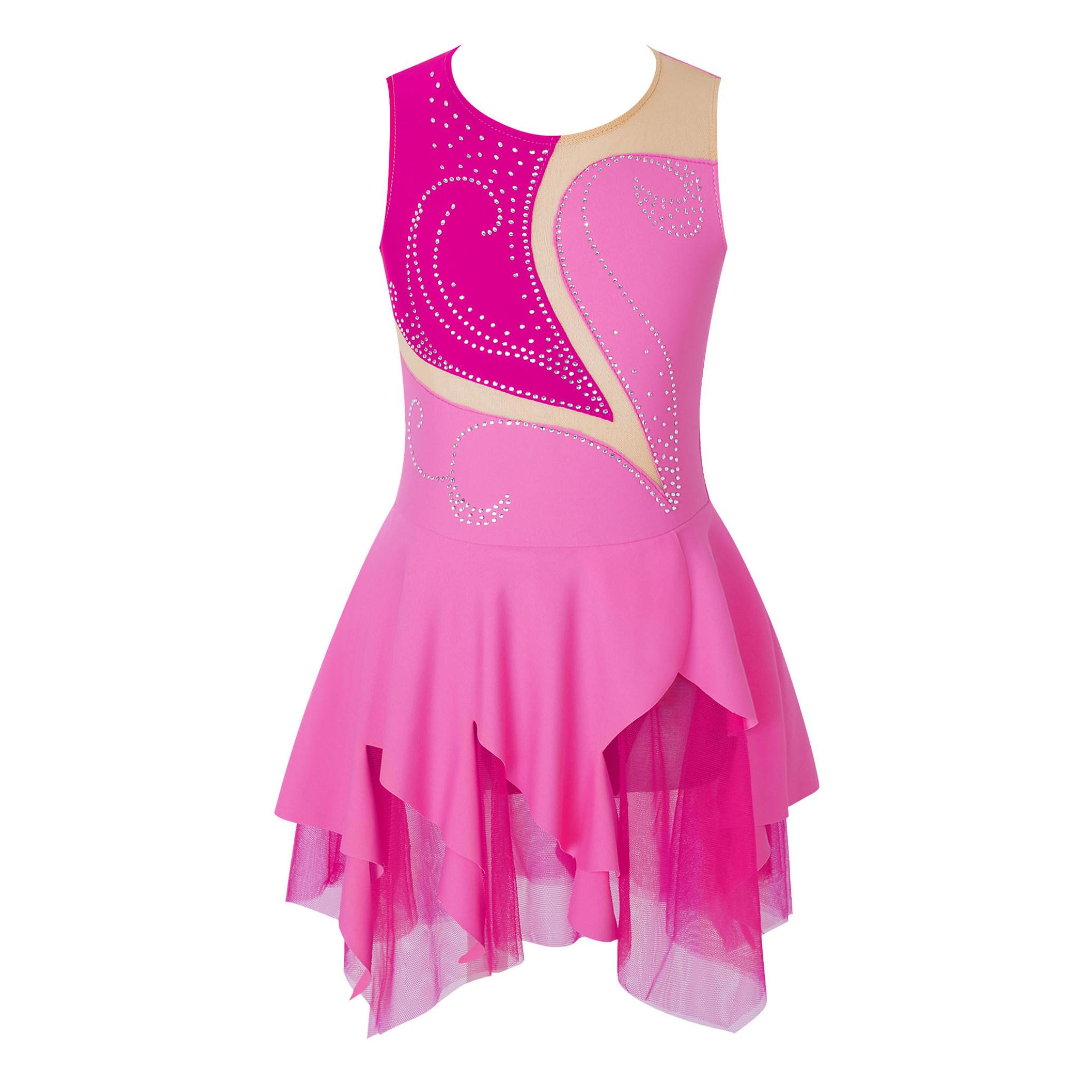 Eislaufen Kleid Mädchen Glänzend Strass Gymnastik Kostüm Ballett Tanz Trikot Kleid 5-6 Years heißes rosa