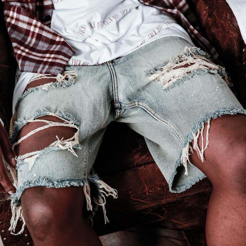 Sommer zerrissene Männer Shorts gerade lose Bettler Loch Denim Shorts High Street Hip Hop männliche Shorts Jeans XL blau