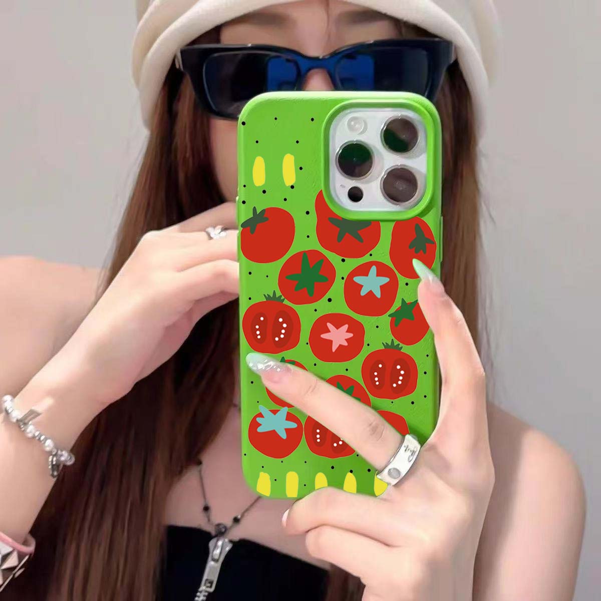 Hülle für iPhone 11 12 13 14 15 16 Pro Max Neu Ins Kreativer Tomatendruck Litschi-Muster Hülle für iPhone XS Max X XR 16 Plus 16e iPhone 15 Pro Max