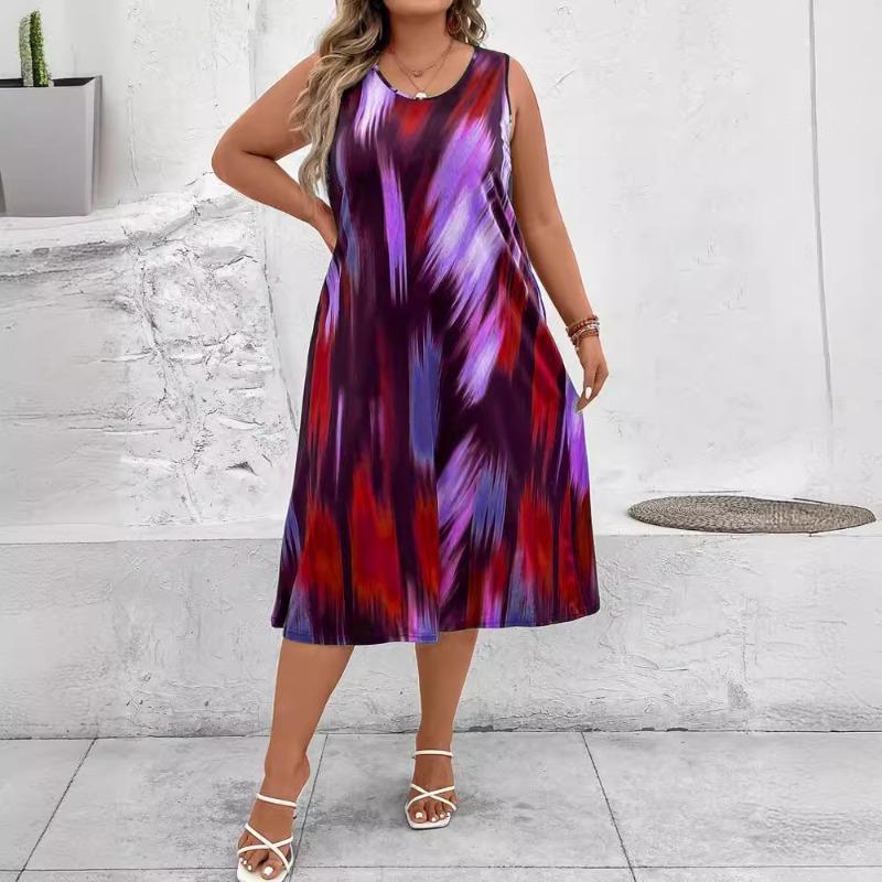 Frühling Sommer Kleider Damen Mode Bedruckt O-Ausschnitt Ärmellos Übergröße Kleider Damen 5XL bordeaux