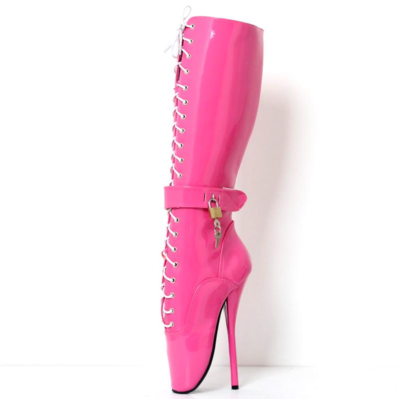 18cm/7  Extreme High Heel Abschließbare Ballettstiefel JIALUOWEI Frauen Kreuzgebundener Fetisch Sexy Pinup Spike Heels Kniehohe Stiefel 36 pfirsich