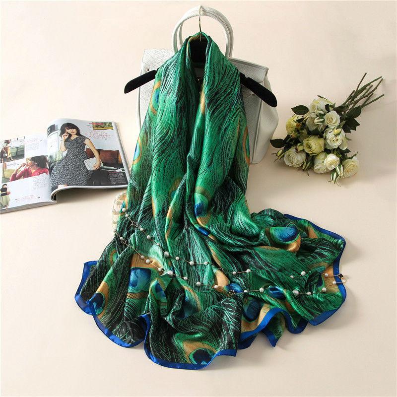 Neuestes Schönes Tier Grünes Pfauenfeder Seiden Schal Tuch Spanien Luxus Strand Bandanas Foulard Schal Wickel Hijab Mützen black
