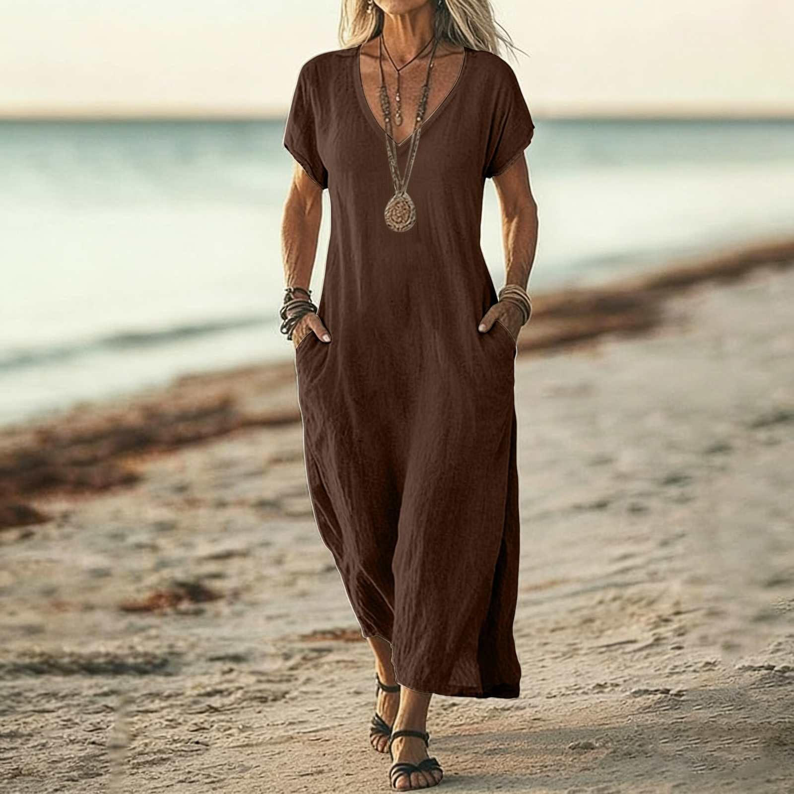 Legere V-Ausschnitt Midi-Sonnenkleider für Damen Lockere Kleider für Damen Bequeme Sommerkleider Boho-Kleider für Damen 2026 XL kaffeebraun