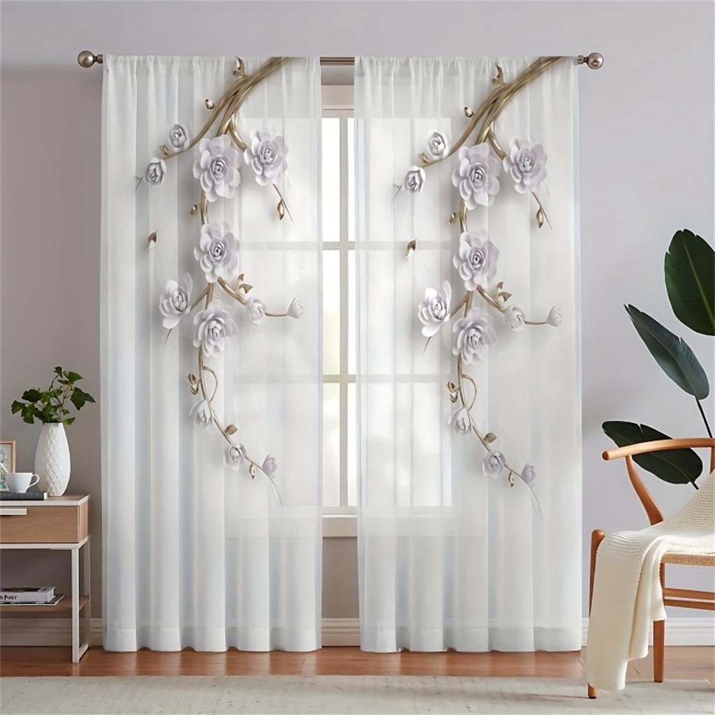 Luxuriöse, durchsichtige Voile-Jalousien mit goldenen Federn und Blättern für Schlafzimmer, Tüll-Fenstervorhänge für Wohnzimmer, durchsichtige Vorhänge, Jalousien, Vorhänge, 2 Stück W65X60H(cm)X2Pcs&Grommet Top