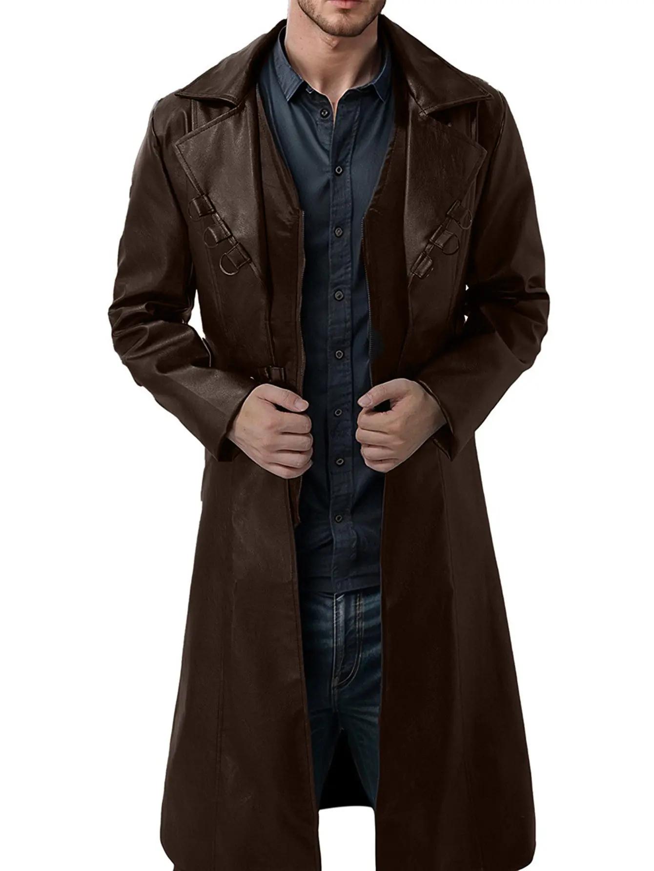 Herren Lang Pu Leder Mantel 2026 Herbst Herren Schwarz Pu Jacke Herren Kleidung Klassischer Windbreaker Jacke Männlich Retro Reißverschluss Trenchcoat M braun