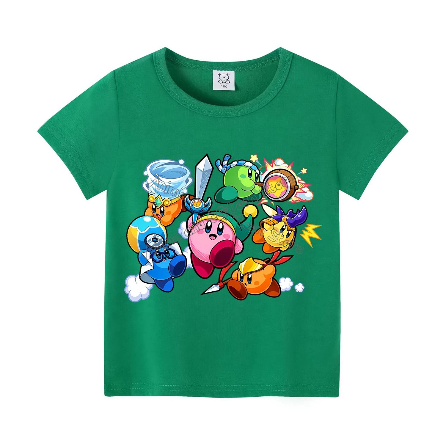 Kirby Neues T-Shirt für Kinder Spielfigur Tee Top Kawaii Anime Kleidung Mode Cartoon Kurzarm Kinder Lockere Kleidung Geschenk 160 blue