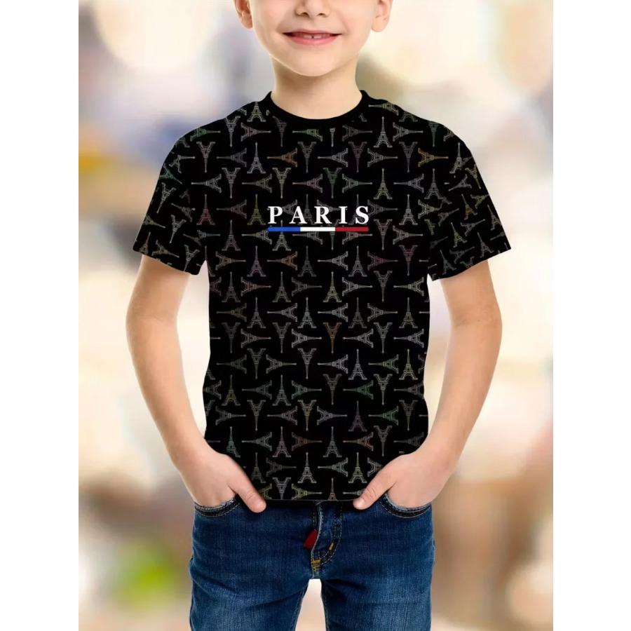 Jungen T-Shirt Einfach Paris Buchstaben Druck Sommer Kurzarm T-Shirts Locker Mode Rundhals Oberteile Streifen Streetwear Kinderbekleidung 150