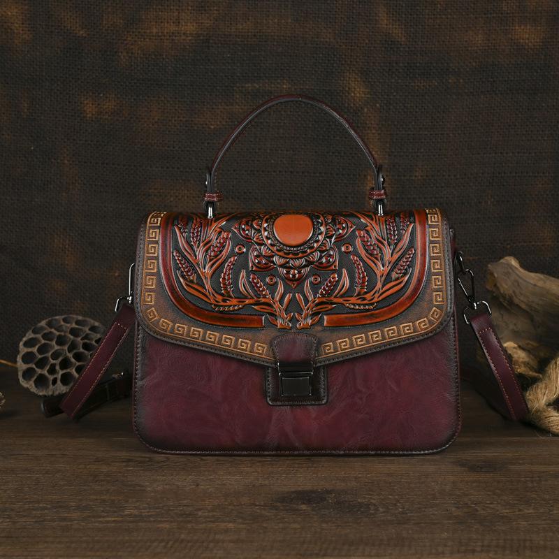 Johnature Handgemachte geprägte Damen Ledertasche Vintage Handtasche Vielseitige Schulter- und Umhängetaschen bordeaux