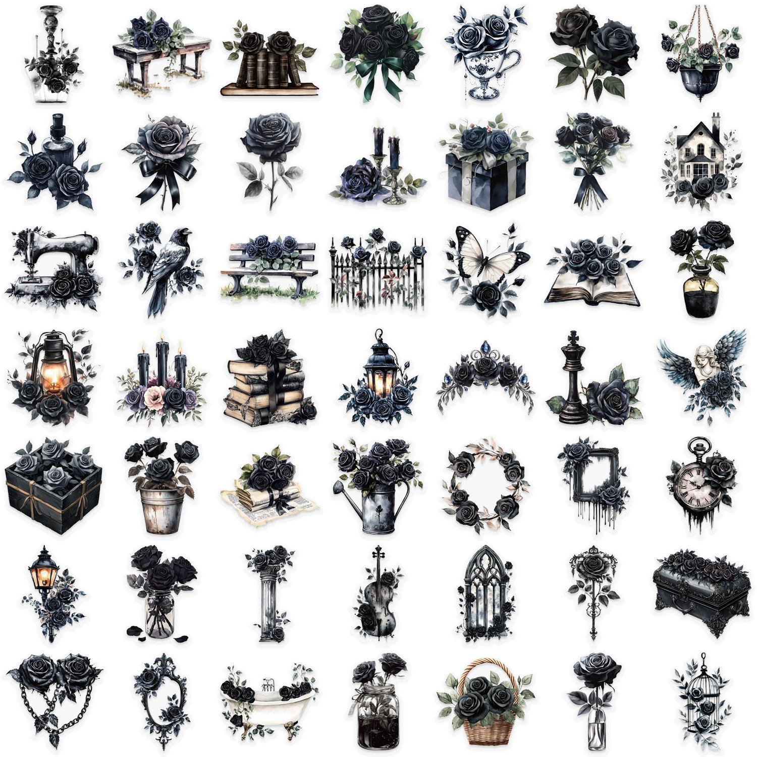 50 Stück Dunkle Ästhetik Schwarze Rosen Aufkleber - Goth Stil Vintage Blumenaufkleber Für Bullet Journal, Wasserflasche, Handy, Kindle, Planer, Kartenherstellung