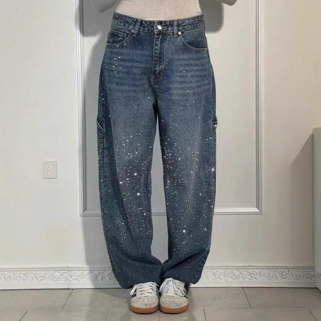 Modische Strass Damenjeans Y2K Street Super Große Glitzernde Damen Weitbein Hose Frühling Sommer Damenjeans L dunkelblaue