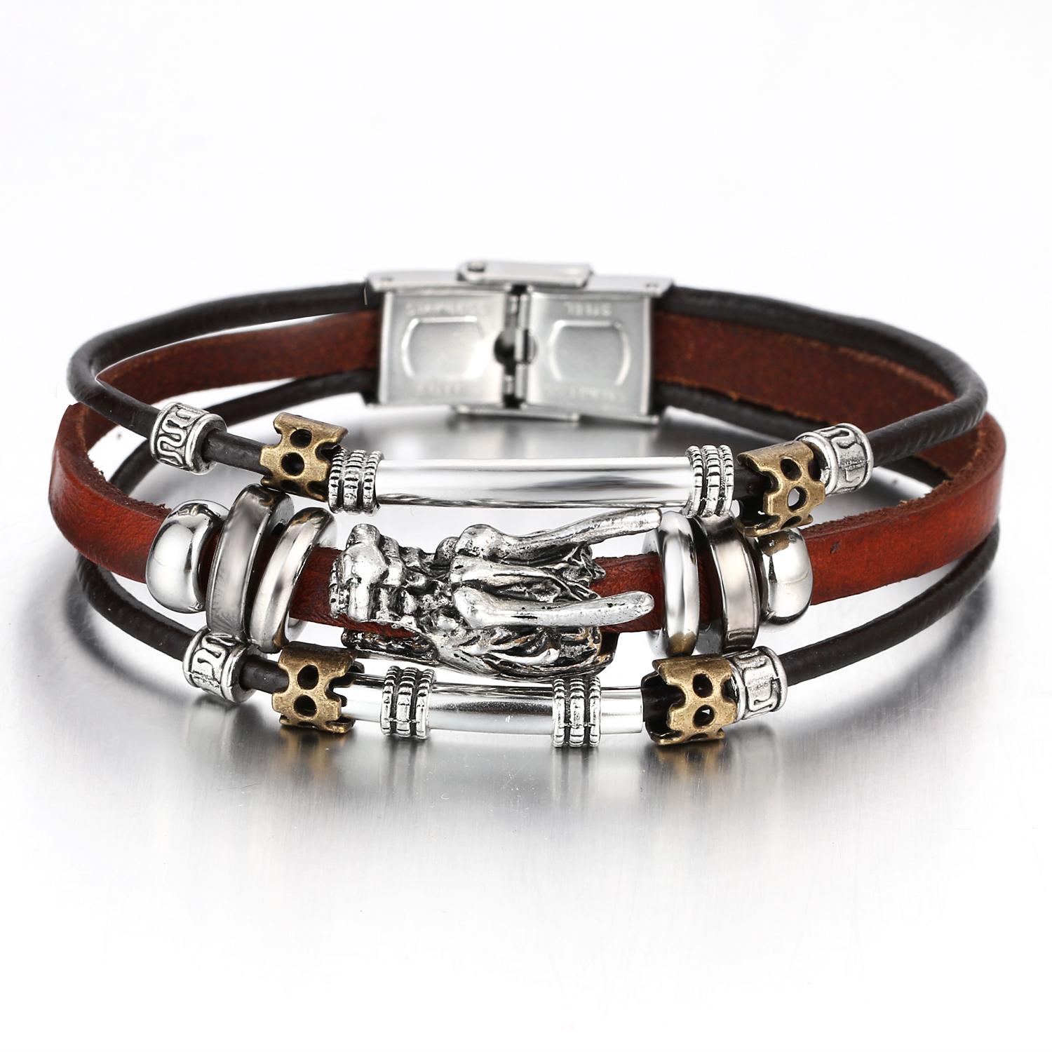 Vintage Mehrschichtige Legierung Drachenkopf Braunes Lederarmband Herren Modeschmuck Party Geschenk