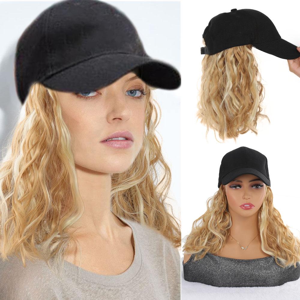Baseballkappen-Perücke, 18 Zoll, verstellbares schwarzes Hutband, gewellte, lockige synthetische Bob-Haarverlängerungen für Frauen und Mädchen