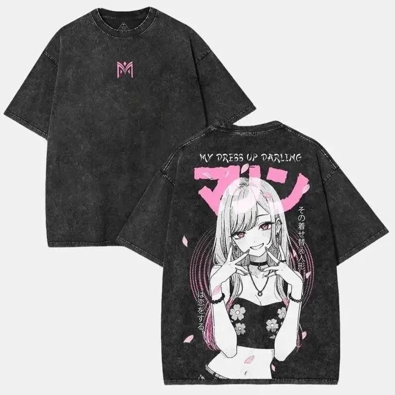 Mein Dress-Up Darling Marin Kitagawa Teufel Cosplay Vintage Säurewaschung Beidseitig Grafik Oversized Schwarzes T-Shirt | Anime Fan Streetwear Merch Tee XXL bunt