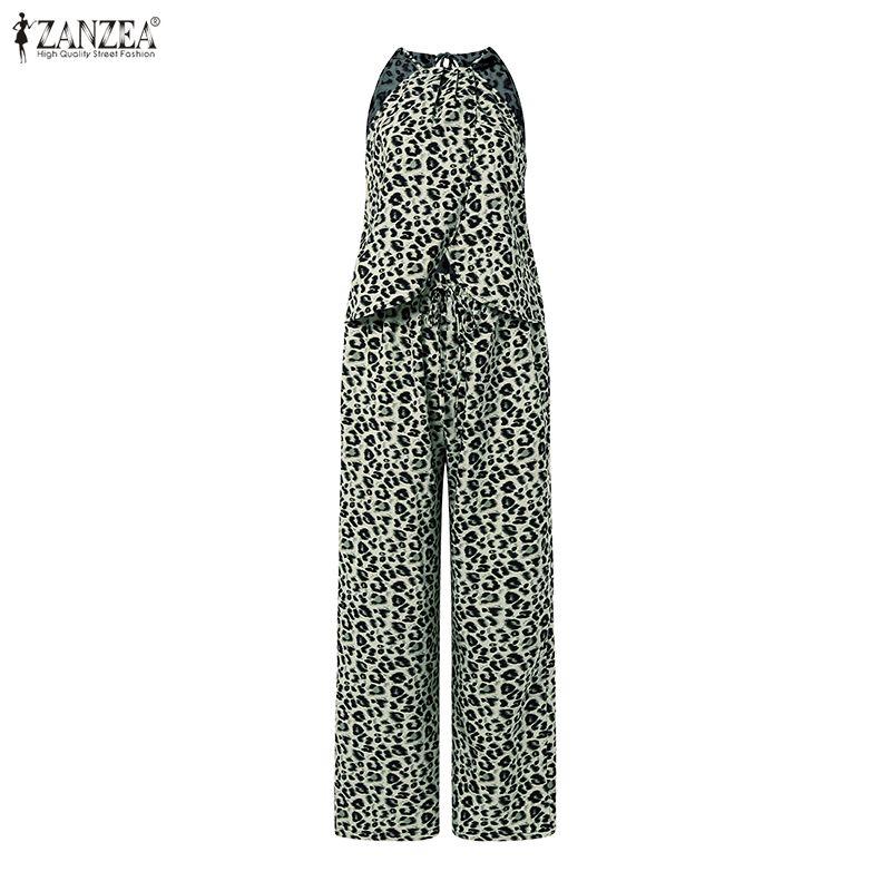 ZANZEA Damen Sets Ärmelloser Träger Unregelmäßige Tanktops und Freizeit Hosen Anzüge 4XL Leo-Print/graue