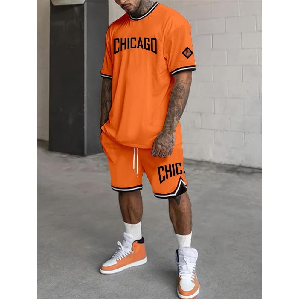 Neues Street Fashion Basketball-T-Shirt Outdoor Sports Herren-Shorts Chicago Monogram Print Herren-Set mit Kurzarm und Shorts M