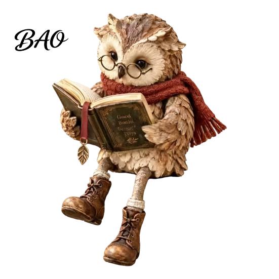 Lesende Eule Statue für Heimdeko Figur, Kreativ mit Brille Schal Stiefeln Und Offenem Buch, Dekorative Tierfigur Kamin Skulptur Leseecke Regal 1pc beige