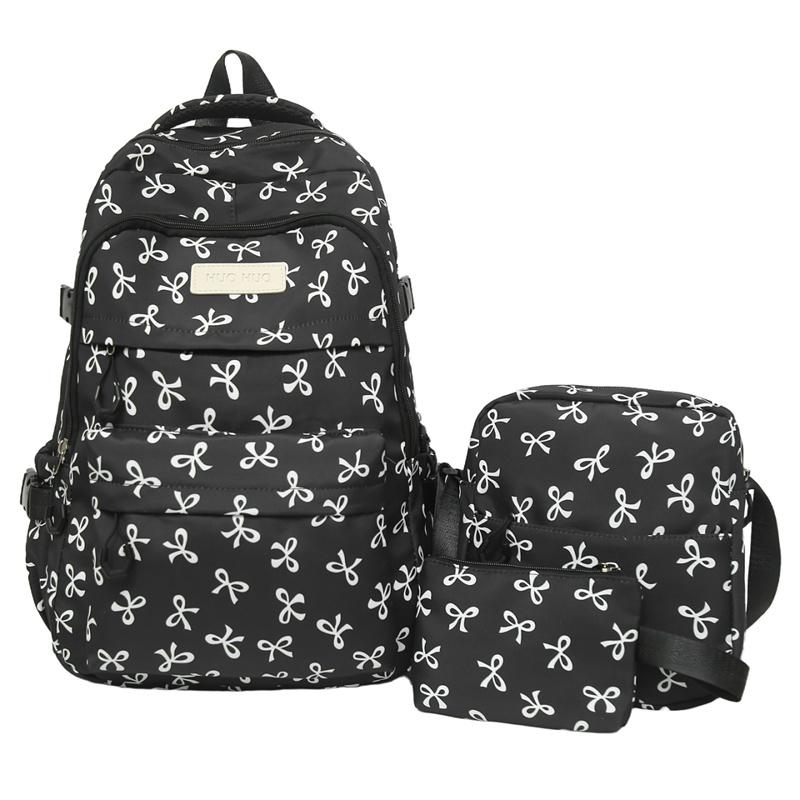Dreiteiliges Rucksack-Set Damen Schultasche Schleifen-Rucksack Großes Fassungsvermögen Leichter Rucksack weiß/schwarz